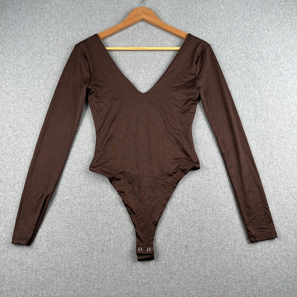 Forever 21 Bodysuit Womens Small Brown Long Sleeve V-Neck Snap Closure Solid